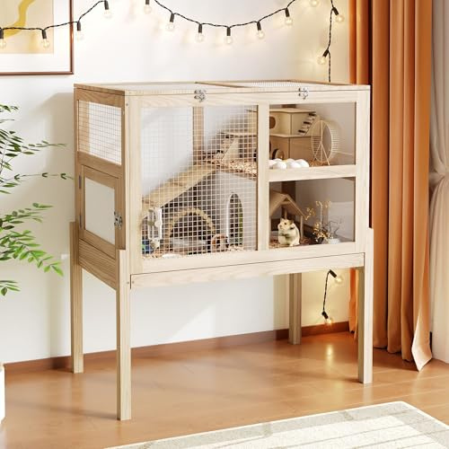 Timechee Large 2-Story Hamster Cage, Indoor Guinea Pig Cages with a Pull Out Tray, Ramp and Platform, Small Animal House with Iron Grid Top, Guinea Pig Cage for Rabbit, Ferret, Chinchilla, Natural