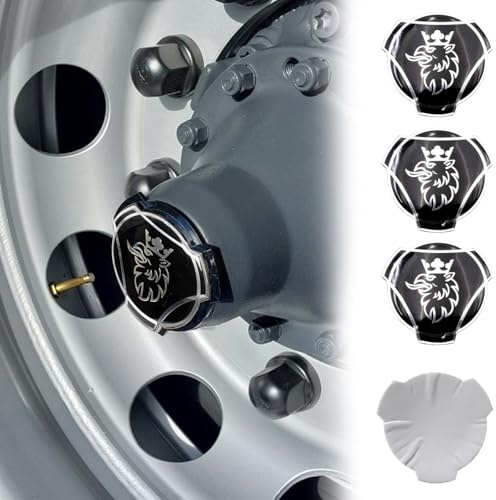 Griffin - 4 calcomanías de aluminio para llantas de camión Scania, tapas centrales, emblema, cubierta adhesiva (negro y plateado)