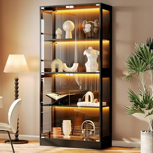 BTM Glasvitrine Stehend LED Vitrine mit Push-to-Open Tür, Vitrinenschrank Sammlervitrine für Figuren & Modelle Schwarz