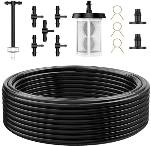 AnseTo Accesorios para sistemas de riego solar: accesorios para dispositivos de riego de plantas con tubo principal de 5 m/5 racores en T grandes/filtro/tapón terminal/dispositivo antisifón