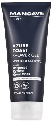 ManCave Azure Coast Shower Gel 200ml for Men, Refreshing Body Wash | Bergamot, cypress, green vines, coastal scent, natural, vegan, eco-conscious, cruelty free