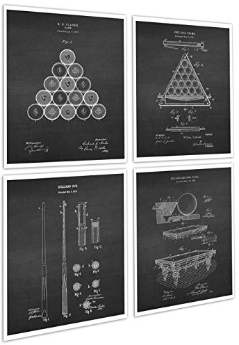 Gnosis Picture Archive Kunstdrucke Set von 4 ungerahmten Billard Patent Diagrammen mit Kreidetafel-Bild als Hintergrund