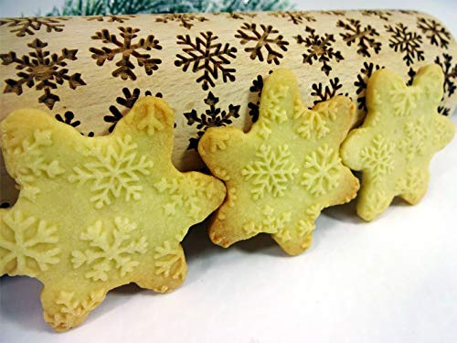 Nudelholz mit Muster Weihnachten Backen - Teigroller Holz für DIY Weihnachten Plätzchen - Graviert Plätzchenrolle mit Motiv - 3D Plätzchen Roller SCHNEEFLOCKE von Algis Crafts