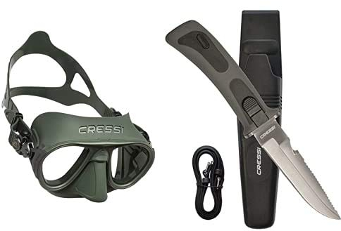 Cressi Calibro Máscara polyvalent para Buceo, apnea Avanzada y submarina Fishing, Unisex Adulto, Verde, Talla única + RC555000 Vigo - Cuchillo de Buceo, Color Negro y Gris