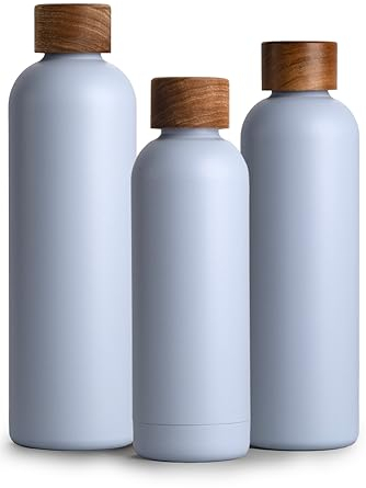 T&N Edelstahl Trinkflasche 1 Liter, Thermosflasche 1l mit Akazienholz Deckel, Isolierte Wasserflasche auslaufsicher bei Kohlensäure, Isolierflasche 1000ml - Sky Blue