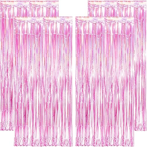 OEMG Cortinas de Espumillón 4 Pack Metálicas de Oropel Rosa Claro Streamer Telón de Fondo Cortina de Borla Fringe Cortina de Brillo para Decoraciones Boda Fiesta de Cumpleaños Navidad (1X2,5m)