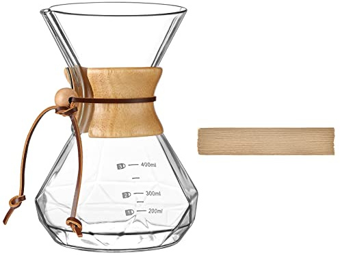 Puricon Pour Over Coffee Maker 15 oz with 40 Paper Filters, Glass Coffee Dripper Holds 1 to 2 Cups, Carafe Brewer for Home/Cafe Restaurant