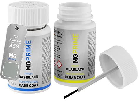 MG PRIME Autolack Lackstift für Hyundai A5G Amazone Grey Pearl Metallic +1K | Amazon Grey Metallic, Set aus Basislack + Klarlack, Lackfläschchen mit Pinsel, je 50ml
