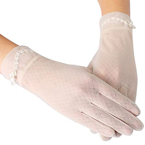 Damen Sonnenschutz Handschuhe,1 Paar Kurze Florale Spitze Handschuhe Anti-Rutsch Fahrhandschuhe,Sommer Sonnenschutz Touchscreen Handschuh für Hochzeit Abend Party Bankett Outdoor Radfahren(Beige)