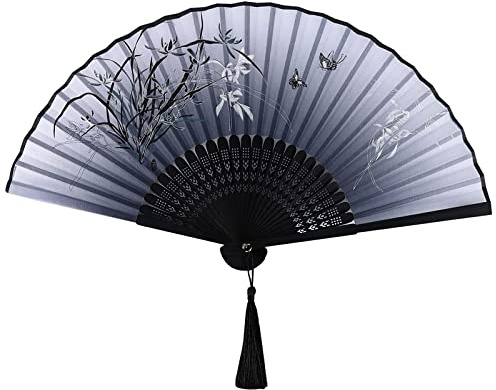 Yukiyi - Ventaglio pieghevole portatile in bambù con nappa per donne, ventaglio in tessuto di seta, decorazione da parete per matrimoni e feste (Nero Bianco)