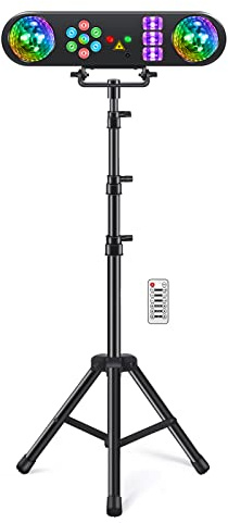 Telbum DJ Lights with Stand, 5 in 1 Party Bar Light Set with Rotating Ball, Strobe, UV, Colorful LED Par Light and Pattern, Sound Activated DJ Lighting System for Disco Stage Gig Band Wedding
