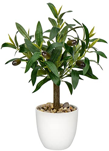 Hollyone 37CM Artificial Olive Plant in Pot, Fake Olive Potted Plant Artificial Plant, Decorative Faux Greenery with White Pot for Home Decor, Bathroom, Living Room, Kitchen, Shelf, Table Decorations
