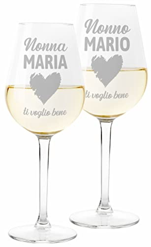 Colorfamily Coppia Calici Personalizzati Set da 2 calici Vino Ti voglio bene Nonno Nonna Personalizzabili con Nome Natale Compleanno Matrimonio Fidanzamento - Bicchiere in Vetro 500 ml