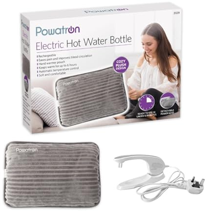 Powatron Electric Hot Water Bottle Rechargeable - Electric Heat Pad with Overheat Protection, Soft Sherpa Cover, 430W Power & Detachable Connector | Perfect for Home & Office (Grey)