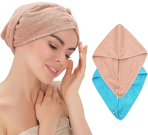 Emmy Home Haarturban, 100% Baumwolle 2 Stück Haartuch schnelltrocknend, Turban Handtuch mit Knopf, Handtuch für Kopf und Lange Haar, Turban Haartrockentuch (Rosa-Blau)