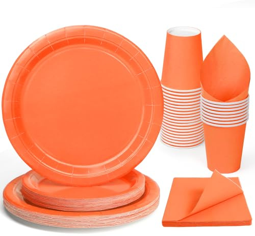 PARTY GO Service de table orange 96 pièces avec assiettes, gobelets et serviettes en carton jetables pour remise de diplôme, vacances, mariage, fête d'anniversaire, fête prénatale, pour 24 invités