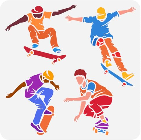 FINGERINSPIRE Skateboarder Malschablone 30x30 cm Wiederverwendbare Skateboard Sportmuster Zeichenvorlage DIY Sportthema Schablone Zum Malen Auf Holz Wand Stoff Papier Möbel