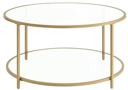 VASAGLE Beistelltisch rund, Couchtisch, Nachttisch aus Hartglas mit Stahlrahmen, mit offenem Ablagefach, modern, für Wohnzimmer, Schlafzimmer, goldfarben LGT035A61