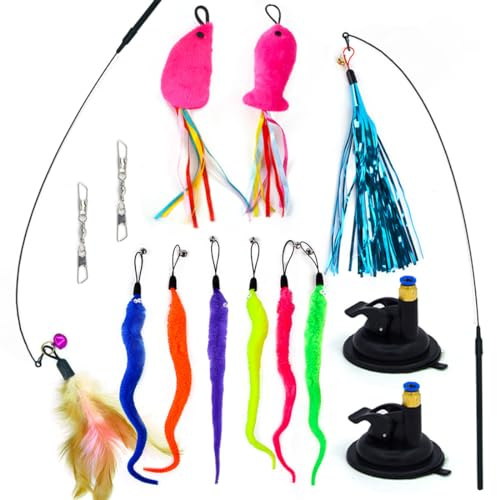 VIVIIHOO Set di Giocattoli per Gatti 16 Pezzi - Asta Interattiva Con Piume, per l'Autointrattenimento, Sacca Portaoggetti Bonus, Ventosa, Campanelle, Ideale per Ogni Gatto!