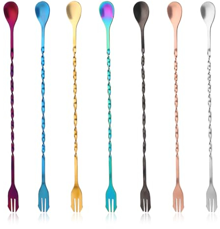 7 Stück Barlöffel Cocktail Rührlöffel aus Edelstahl, Barlöffel 26 cm Langer Griff Rühroffel Löffel mit Spiral-Muster für Bar, Kaffee, Bar Cocktail Shaker 7 Colors