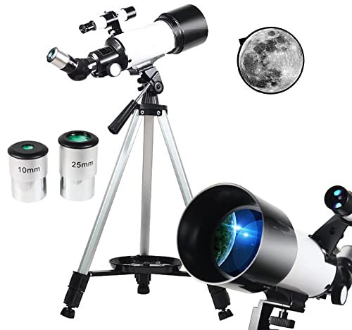 Teleskope für Erwachsene, Kinder und Anfänger, 70 mm Blende, 400 mm Brennweite, tragbares professionelles astronomisches Teleskop mit verstellbarem Edelstahlstativ, 2 Okulare, Trag