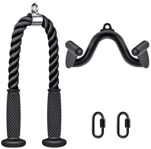 Kipika Tricep Pull Down Attachment, Cable Machine Accessories for Home Gym, Cable Machine Attachments Pulley System Gym, LAT Pull Down Attachment Weight Fitness (28 Tricep Rope+12 V Bar)