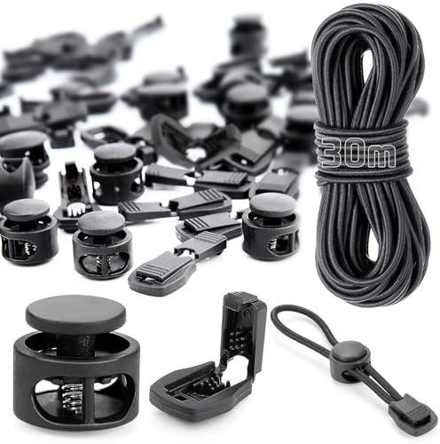 30m Elastische Gummischnur 3mm, Gummiseil Rund Schnur Elastische Gummiband mit 40 Kordelstopper Kordelklemme 20 Kordelstopper 2 Loch Schwarz Gummikordel für Kordelzug Rucksack Bekleid Wäscheleinen