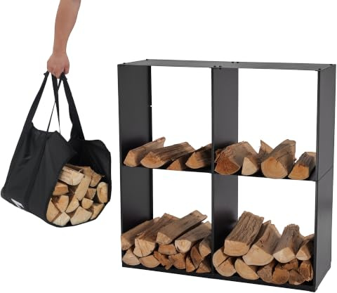 Lendo Online Kaminholzregal + Tragetasche - Innen & Außen - Feuerholzregal - Kaminholzständer - Brennholzregal - Schwarz - Metall (80x28x80cm)