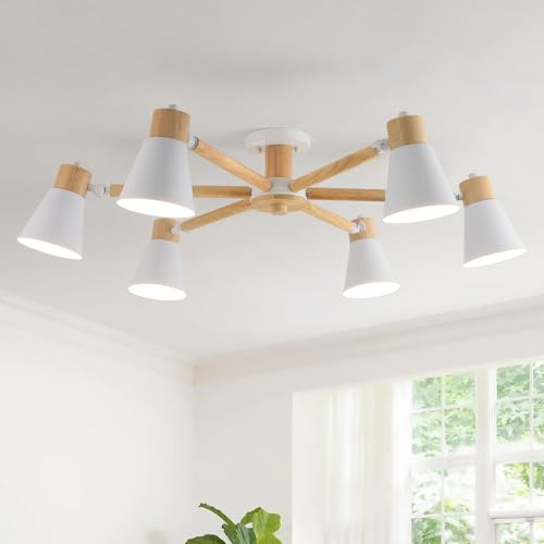 Schindora Deckenlampe Weiß 6-Lichter,Holz Und Eisen Deckenleuchte Esstisch Ø82Cm E27 KüChe Lampe Verstellbare Licht Arme Modern Lampe Wohnzimmer For Home Schlafzimmer Esszimmer