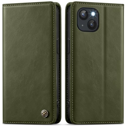 GUCASBE Handyhülle für iPhone 13 Klapphülle Hülle Leder | Premium PU Leder, 3 Kartenfächer + Geldscheinfach, Ständer, Brieftasche Flip Case, RFID Blockierung, Stoßfest, Braun Grün