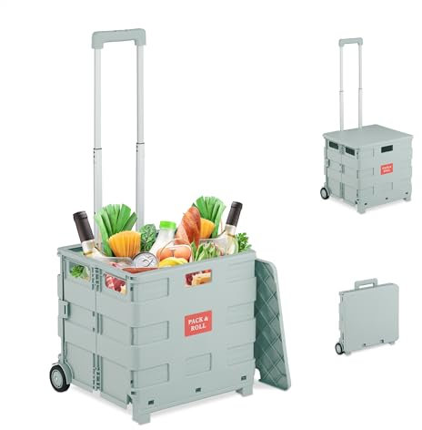 Relaxdays Einkaufstrolley, klappbar, Einkaufskorb mit Rollen, mit Deckel & Teleskopgriff, bis 35 kg, Rollkiste, grau