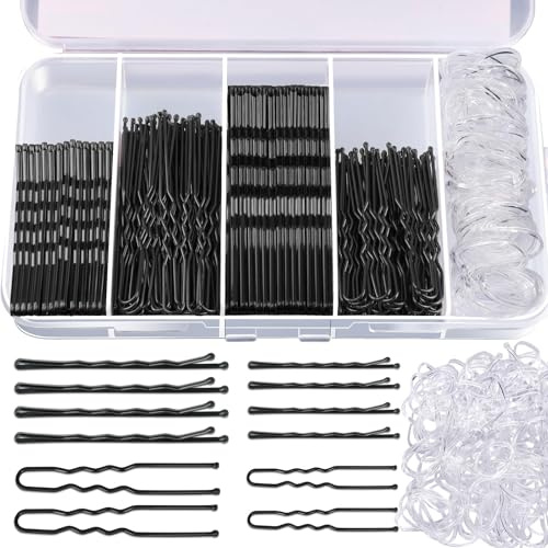 Calkkrer Set di 300 fermagli per capelli neri con elastici per capelli, forcine e spilli per bobby, aiuto per acconciature e altro ancora, set di accessori per parrucchiere