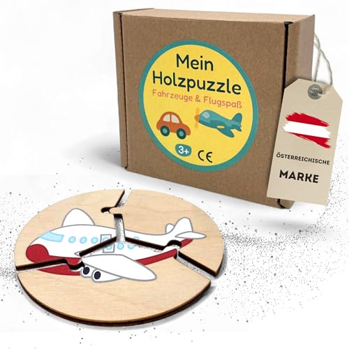 EV® Mein erstes Holzpuzzle - Fahrzeuge & Flugspaß | 3-Teilig mit 9 Motiven | Hochwertiges Kinderspielzeug aus Langlebigem Italienischem Holz – Das Perfekte Puzzle ab 2 Jahren