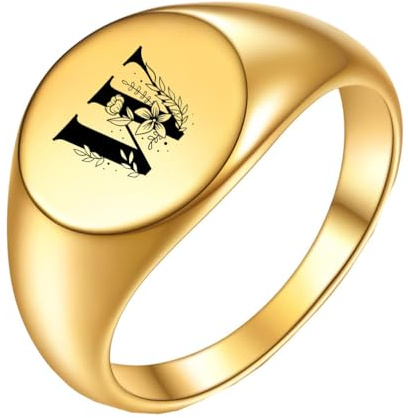 PAURO Edelstahl Kreativer Ring mit Ovaler Blume und den Anfangsbuchstaben A bis Z für Herren Damen
