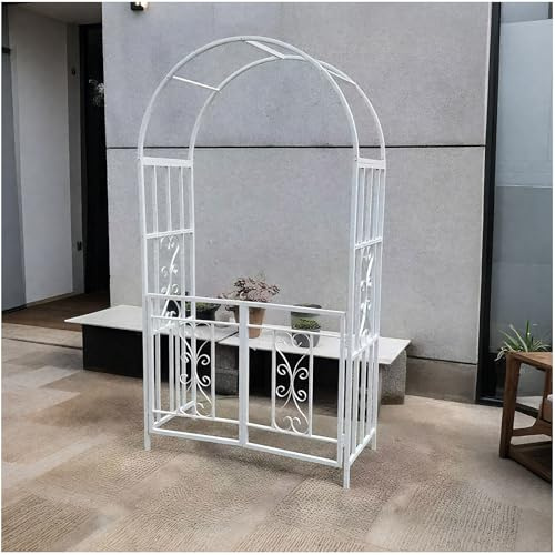 LJDJRHXH Gartenbogen Aus Metall Mit Tür, Metall Torbogen Rankgitter, Rosenbogen Für Kletterpflanzen, 114cm (W) x 210cm (H) x 52cm (D) Freistehend Rankbogen Spalier(Weiß)