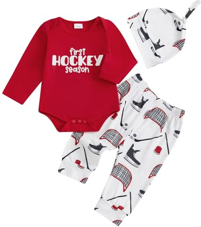 RSRZRCJ First Baby Boy Ice Hockey Outfit Long Sleeve Letter Puck Theme Romper Pants Hat 3PCS Infant Fall Clothes Set (Red, 0-3 Months)