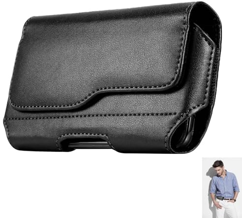 Funda Cinturón Móvil, Funda para Cinturón Belt Case with Belt Clip Holster Real Leather Case Cuero Genuino Horizontal Teléfono Soporte Bolsa Universal para Tarjetas con Broche Magnético, Negro