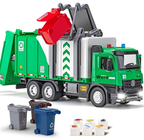 12 Side Loader Garbage Truck Toy, Metal CAB with Air-Pump Action, Lights & Sounds, Includes 4 Trash Bins & Learning Cards, Toddler Educational Gift