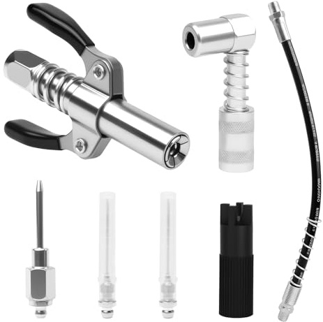 Lot de 7 adaptateurs de pistolet à graisse - Raccord de presse à graisse avec adaptateur 90° - Double poignée G Coupler - Avec tuyau de 30 cm - Distributeur d'aiguilles - Nettoyant de buses - Pour