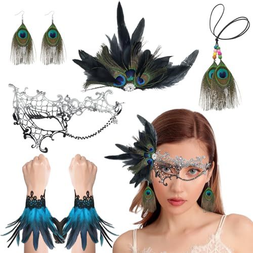Tantanbear Pfauen Kostüm Damen, Pfau Kostüm Damen Set, Pfau Feder Manschetten+Grüne Spitzen-Maske+Ohrringe+Halskette, Pfau Themen Outfit Accessoires für Karneval, Mottoparty, Cosplay