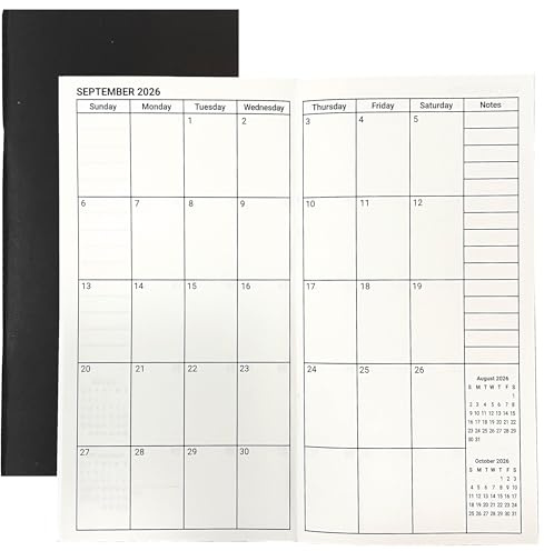 Travelers Inserts de carnet de notes de janvier 2026 à décembre 2027, calendrier mensuel pour 2 ans, dates importantes, lignes et pointillés, papier 100 g/m², taille standard, 21,6 x 10,7 cm, noir