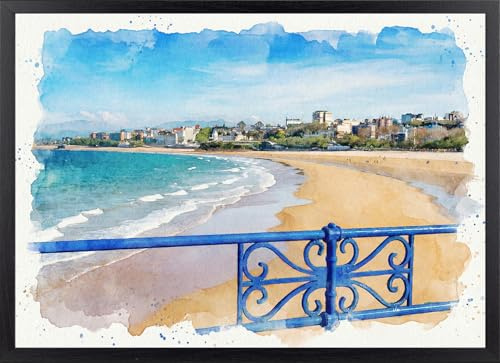 Fine Artic Cuadro de El Sardinero Santander - Poster de Cantabria Estilo Acuarela con Marco de madera Negro - Arte mural de España decoración Marinera - Cuadros Paisajes Marítimos