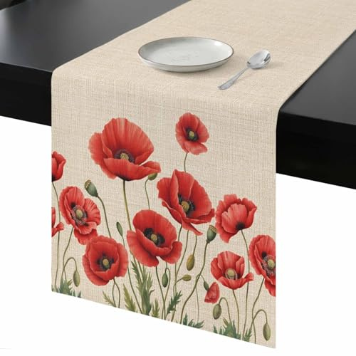 Flowers Table Runner Red Opium Poppy Flowers Vintage Linen Non Slip Table Runners for Kitchen Dining Party Home Decor Dresser Scarves Tabletop Decoration 14x72