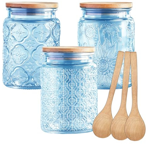 CAAGGMM Glass Jars with Bamboo Lids, 3 Pack 700ml Vintage Glass Kitchen Storage Counter Jar with 3 Wooden Spoon, Vintage Canisters for Kitchen Pantry, for Candy, Biscuit, Cookie, Sweet, Tea (Blue)
