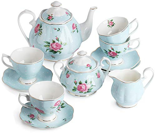 BTaT- Floral Tea Sets for Adults, 13 pcs, Service for 4, Pot (38 oz) & Cups (8 oz) with Saucers, Pastel Blue Floral Design, Porcelain Tea Set for Adult, Dishwasher Safe, Mothers Day Gift
