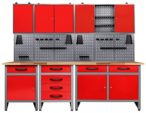 Ondis24 Werkstatt rot Werkstatteinrichtung 8 TLG. grau Werkbank Werkzeugschrank Lochwand