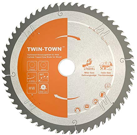 TWIN-TOWN HM Kreissägeblatt 254x30mm für Holz - Sägeblatt 254x30 mm mit 60 Hartmetall-Zähnen für feine Schnitte in Weich- und Hartholz | Kompatibel mit Bosch, Einhell & mehr