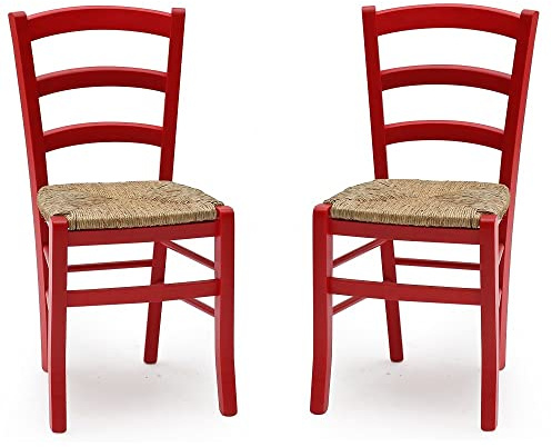 Liberoshopping Chaises Venezia en Bois Massif coloré avec Assise en Paille Set 2 (Rouge)