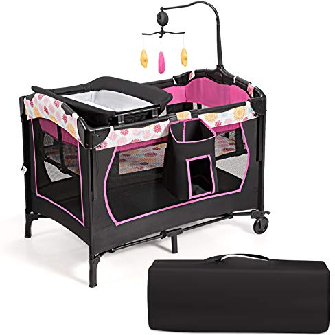 COSTWAY Cuna de Viaje Plegable para Bebé con Colchón Cambiador, Parque Infantil Cuna Bebe con 3 Juguetes, Caja de Música y Bolsa de Transporte, Cuna Bebe con Colecho (Rosa)