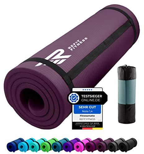 REFIT FITNESS Gymnastikmatte Profi 190 x 60 x 1.5 cm Aubergine PainProtect SmartCell NBR rutschfeste Yoga Matte Pilates Sport Gymnastik Yogamatte 15 MM Sportmatte Tragegurt Tasche